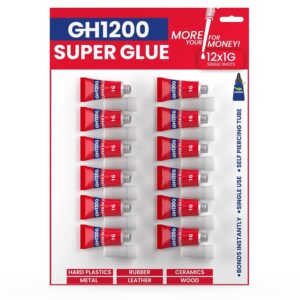 GH1200 Super Glue 1g tubes (all purpose) 12-pack for crafts, shoe repair, and multi-surface bonding