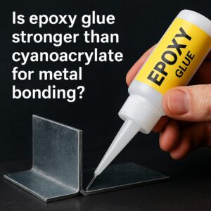 Epoxy glue vs cyanoacrylate comparison for metal bonding – hand applying adhesive to metal brackets to show bonding strength difference.