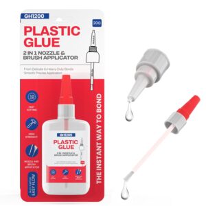 Front view of GH1200 2-in-1 super glue packaging showing brush and nozzle combo for precise plastic repair
