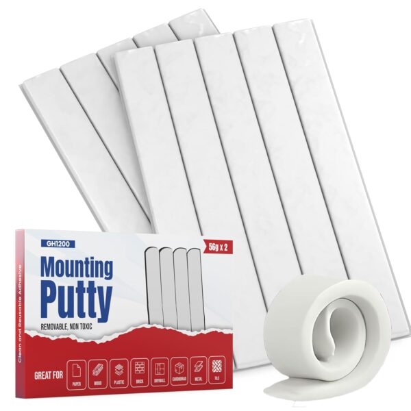 Two uncut sheets of GH1200 white mounting putty with packaging – strong reusable wall adhesive for posters and decorations
