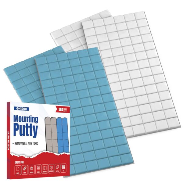 Removable sticky tack putty with 384 pre-cut tabs in blue and white for mounting photos, posters, and decorations