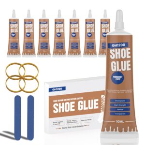 Complete 8-pack GH1200 Shoe Glue set with rubber bands and sanding sticks for sole and heel repair.