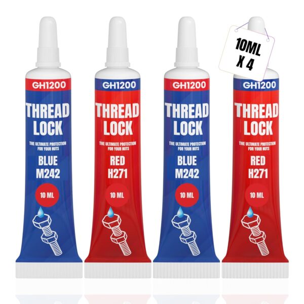 4 tubes of GH1200 thread locker in 10ML size featuring Blue M242 and Red H271 formulas for nuts and bolts