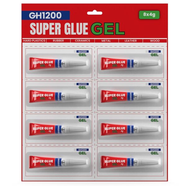GH1200 Super Glue Gel 8-Pack with 4g Tubes in Retail Packaging