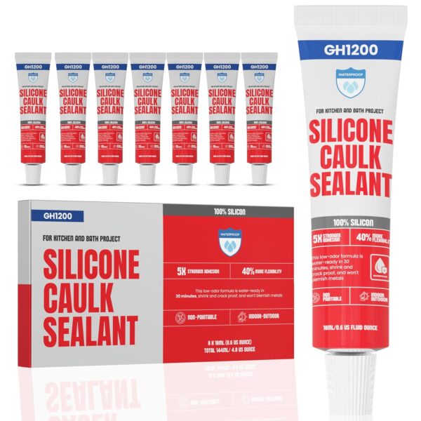 Full view of GH1200 18ml x 8 clear silicone caulk tubes for waterproof sealing