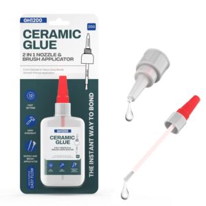 GH1200 ceramic glue featuring dual applicators – brush and nozzle – for precise repairs on ceramic, porcelain, and glass.