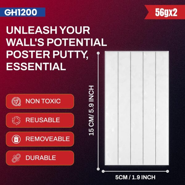 Size and features of GH1200 poster putty showing dimensions and benefits like reusable, non-toxic, removable, and durable