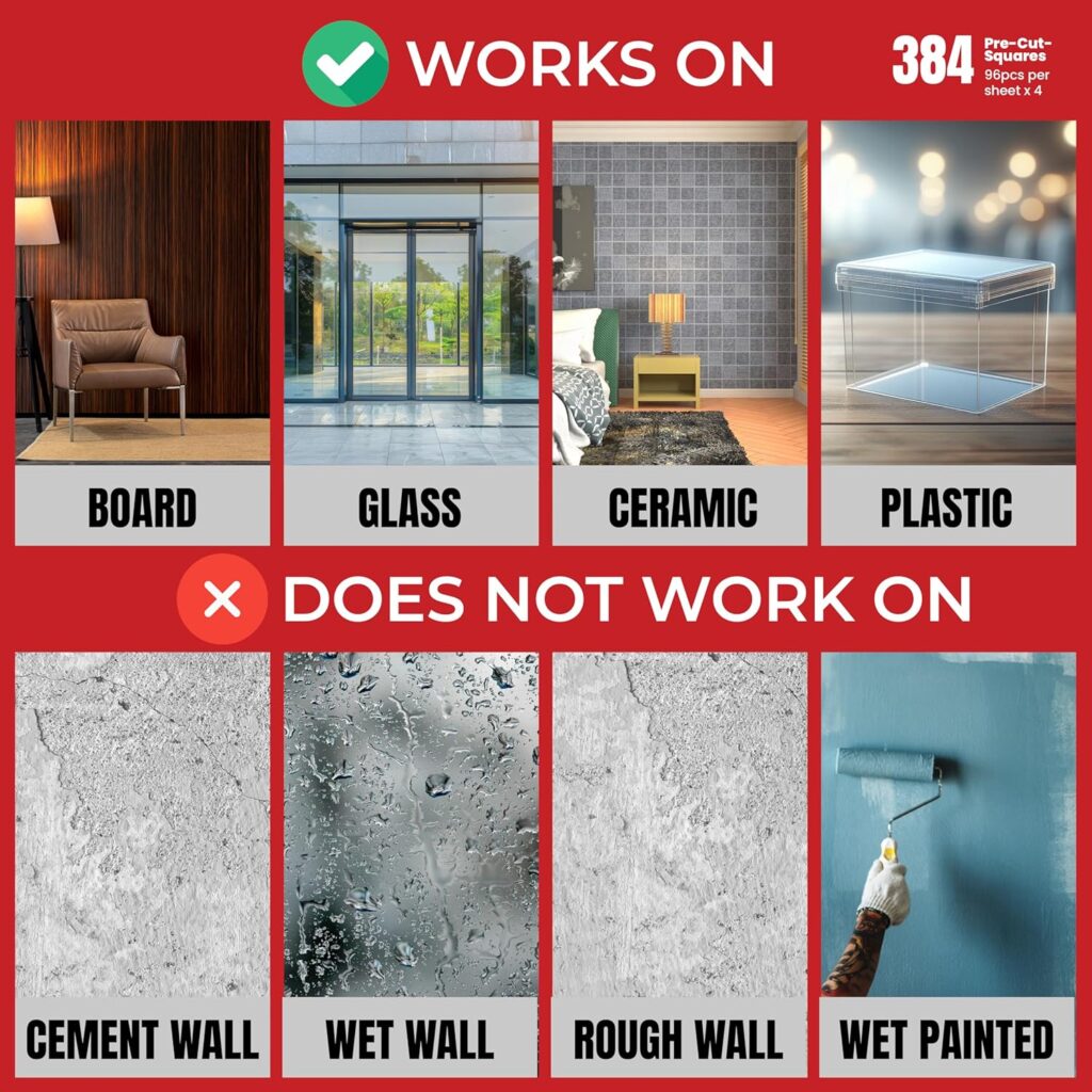 Poster sticky tack putty compatibility guide showing ideal surfaces like board, glass, ceramic, and plastic; not suitable for cement, wet, or rough painted walls