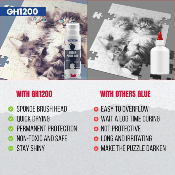 Comparison of GH1200 puzzle glue with sponge brush vs traditional glue, highlighting quick-drying, permanent hold, and shiny finish