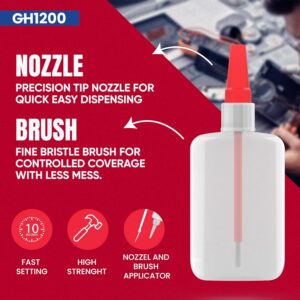 Close-up of GH1200 super glue showing dual brush and nozzle applicator in 20g packaging for precise bonding
