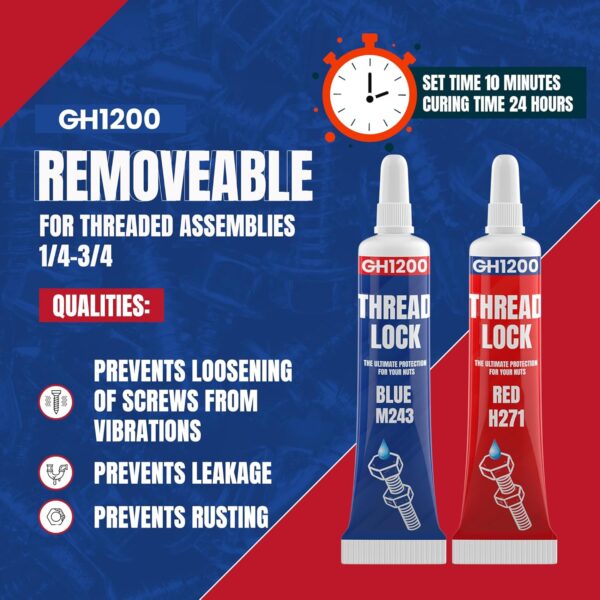 GH1200 blue and red thread locker tubes with curing time and benefits like leak prevention, rust resistance, and vibration protection