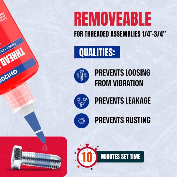 Infographic showing Red 242 thread locker benefits: stops vibration loosening, seals leaks, prevents rust