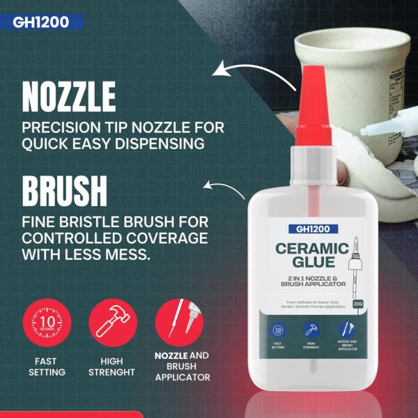Clear waterproof ceramic glue ideal for fixing mugs, dishes, pottery, and kitchenware with strong bonds.