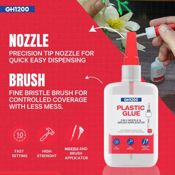 Close-up of GH1200 super glue showing brush and anti-clog nozzle for clean and controlled application on plastic
