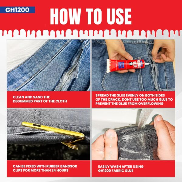 Applying permanent fabric glue on denim jeans