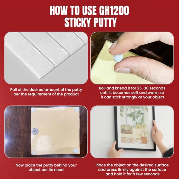 Step-by-step usage guide for sticky putty – pulling, kneading, applying, and pressing to mount objects on walls