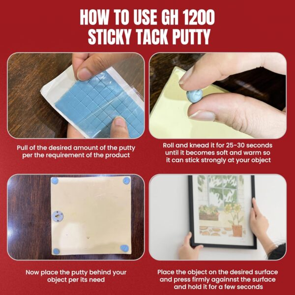 Step-by-step instructions showing how to knead and apply GH1200 poster putty for secure and clean wall mounting