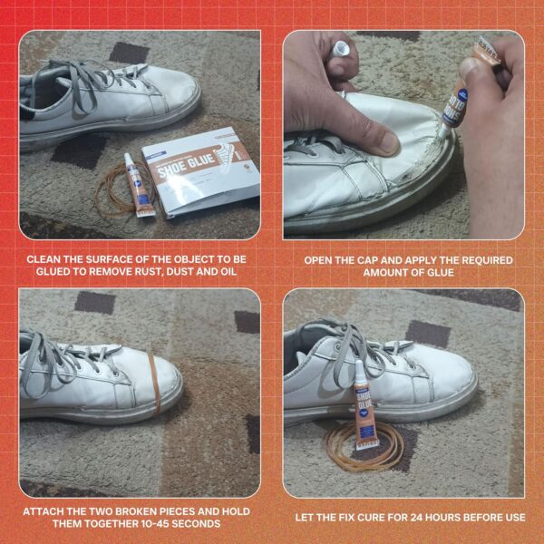 GH1200 Shoe Glue application guide showing how to repair a detached shoe sole with included tools.