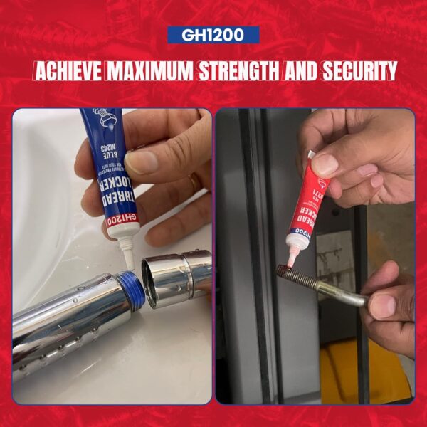 Applying GH1200 thread locker blue and red formulas to metal bolts and threaded parts for secure fastening