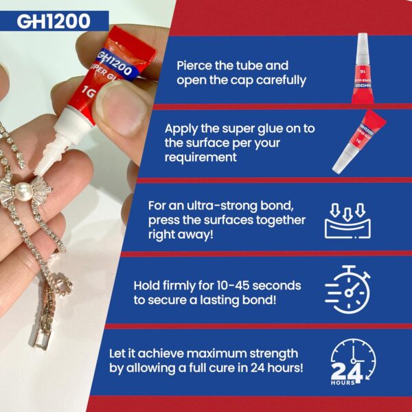 Instructions showing how to apply 1g GH1200 super glue correctly