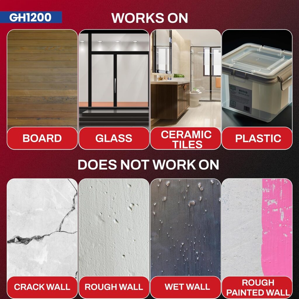 Comparison of surfaces where GH1200 adhesive wall putty works and where it doesn't – board, glass, ceramic, plastic vs rough walls