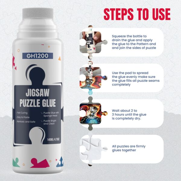 Instructional image showing how to apply GH1200 puzzle glue, spread with sponge, and allow 2–3 hours drying time for permanent bonding