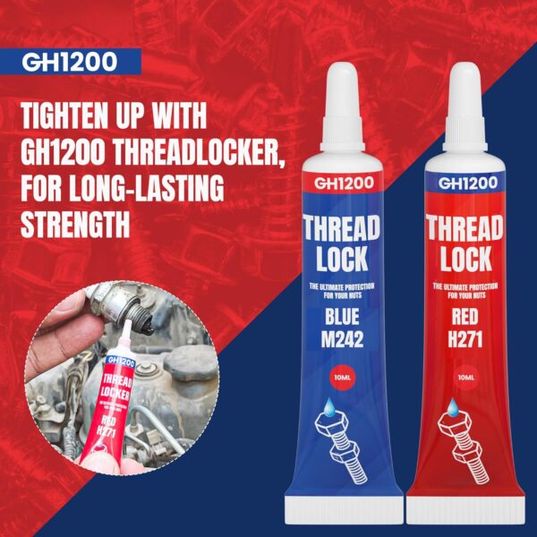 Red and Blue GH1200 thread locker tubes promoting long-lasting strength for metal fasteners and vehicle repairs