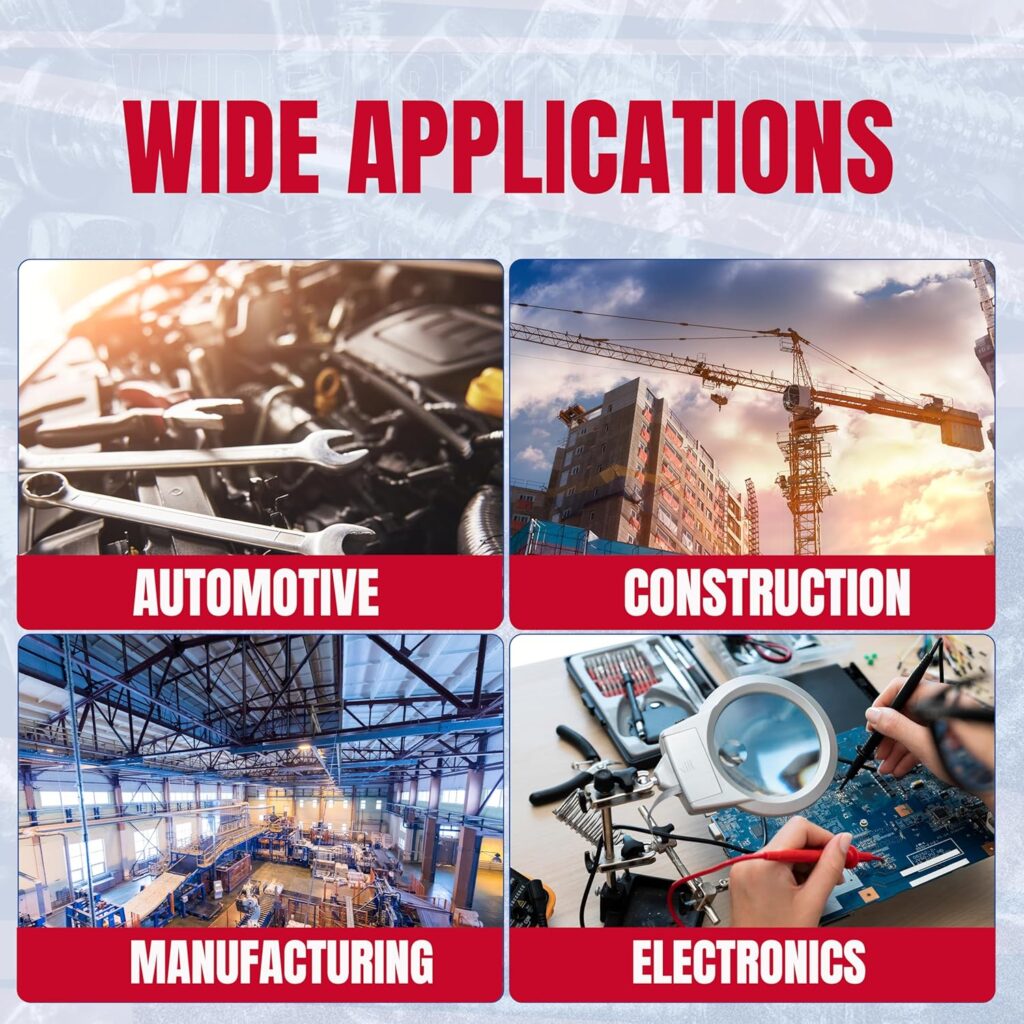 Four-panel graphic highlighting automotive, construction, manufacturing and electronics uses of Thread Locker Red 50ML 242 sealant