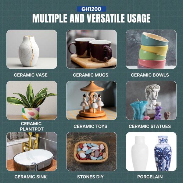 Fast-drying ceramic glue that creates long-lasting, clear bonds on household ceramic and porcelain items.