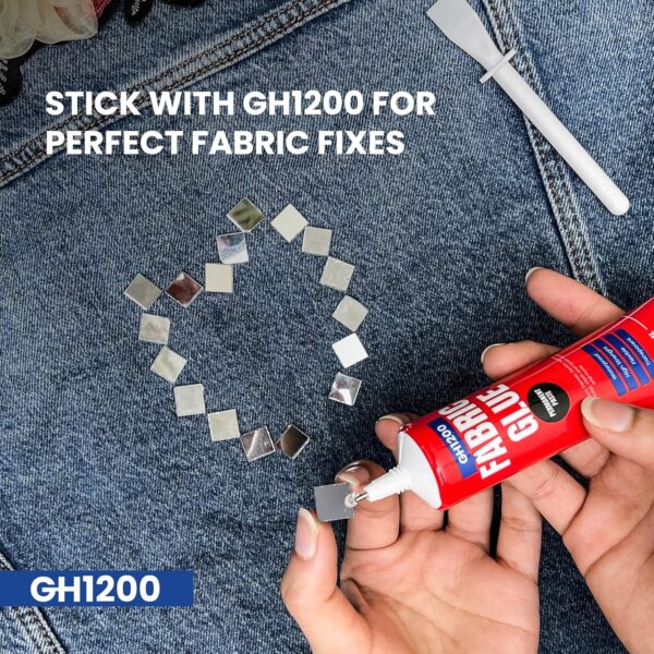 GH1200 fabric glue applied on denim with mirror embellishments
