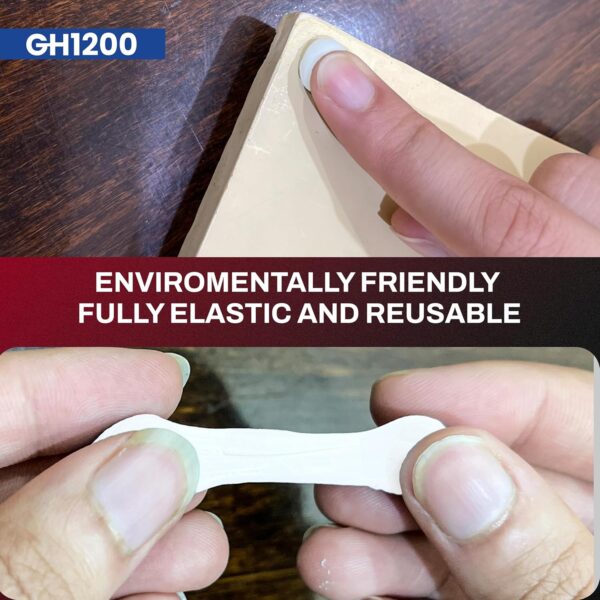 Reusable and elastic wall putty being stretched and applied by hand – environmentally safe tack