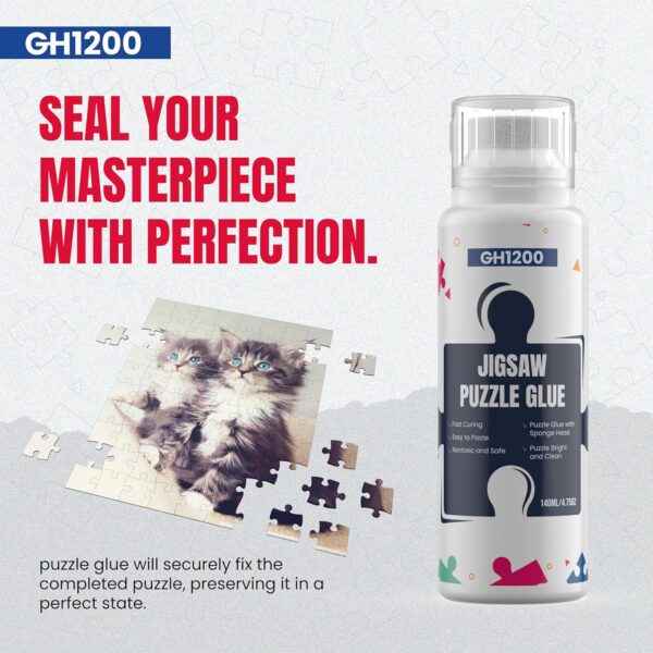 Finished puzzle sealed with GH1200 glue showing clear finish and preserved artwork with the message "Seal Your Masterpiece"