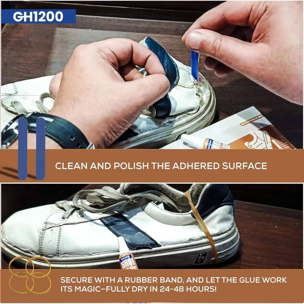 GH1200 glue application on shoe showing surface cleaning and bonding secured with a rubber band.