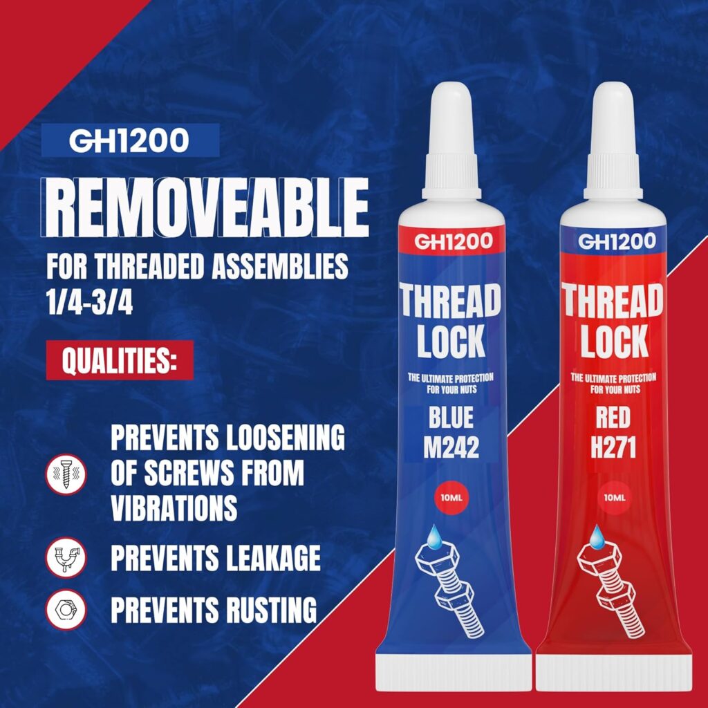 Feature sheet displaying GH1200 Blue 242 thread locker 50ml benefits: vibration resistance, leak prevention and rust protection.