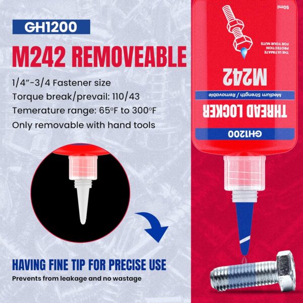 Spec sheet for GH1200 Red 242 thread locker 50 ML showing torque, temperature range and precision nozzle tip