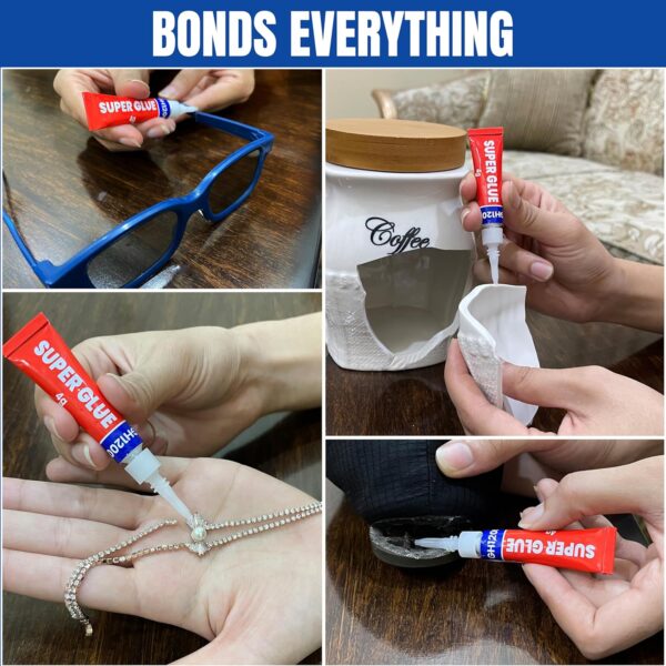 Real-life usage of GH1200 super glue bonding eyeglass frame, ceramic jar, shoe, and jewelry