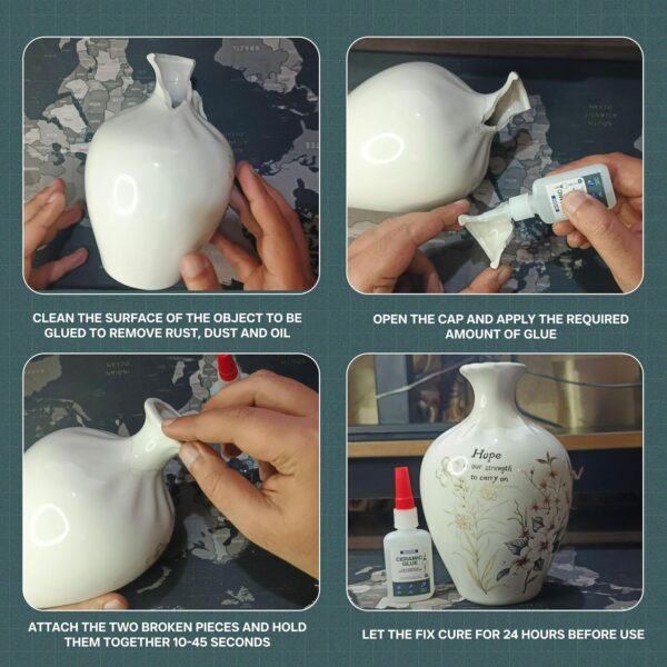 Super glue with built-in brush applicator for neat repairs of pottery, vases, and porcelain figurines.
