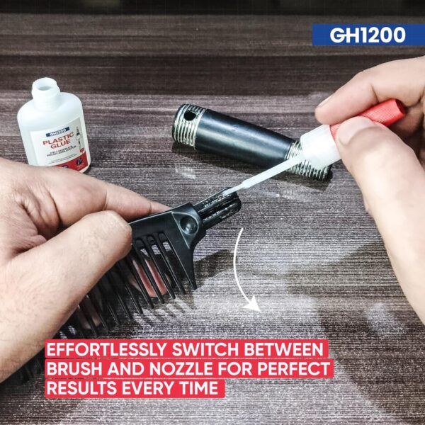 Applying GH1200 crystal clear plastic glue on Lego bricks for precision bonding and seamless finish