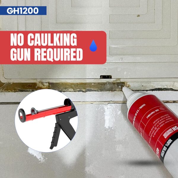 Window frame being sealed with clear silicone caulk