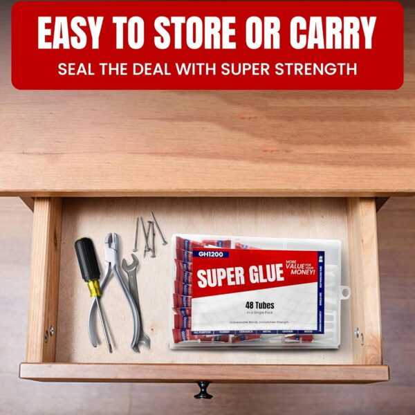 GH1200 48-pack glue case stored in drawer with hand tools