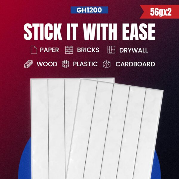 GH1200 putty shown on compatible surfaces – wood, bricks, plastic, drywall, cardboard – labeled for clarity