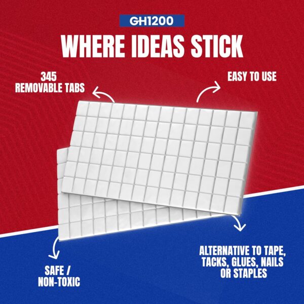 White mounting putty tabs used as alternative to tape, tacks, glue, nails, or staples—safe and non-toxic