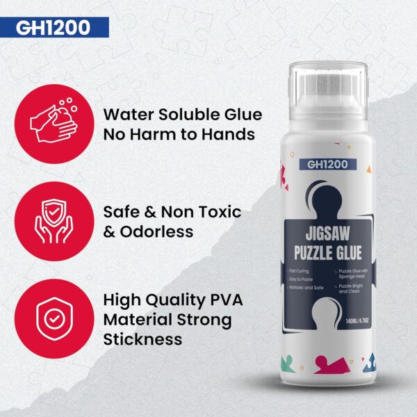 GH1200 puzzle glue features – water-soluble, safe for hands, non-toxic, odorless, and made from strong PVA material