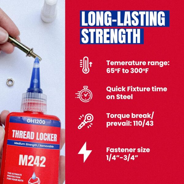 Close-up of Red 242 thread locker being applied to steel bolt with icons for temperature range and torque ratings