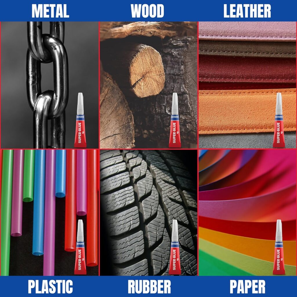 Super glue gel pack bonded with metal chain, wood log, leather sheets, plastic tubes, rubber tires, and colored paper