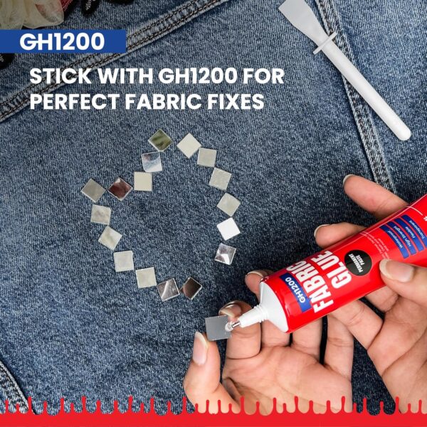 Fabric glue with built-in aluminum micro-precision tip for controlled glue flow