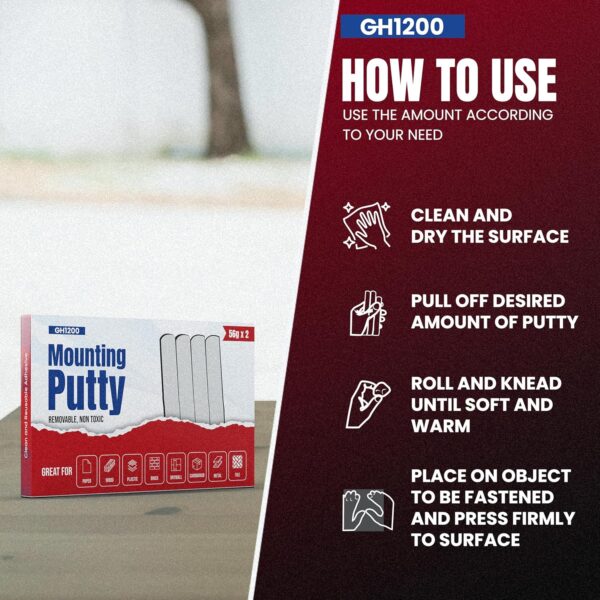 Instructional image explaining how to apply reusable mounting putty properly on surfaces without tools or nails