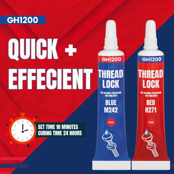 GH1200 thread locker cure chart showing quick setting and full cure time for automotive and metal fasteners