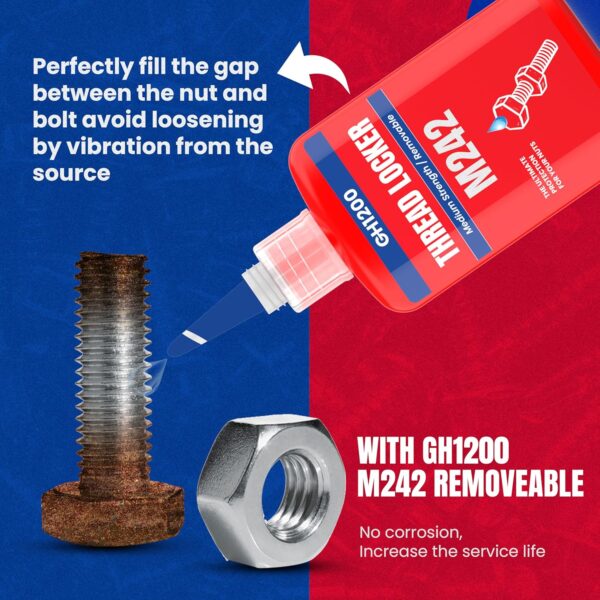 Visual of GH1200 Red 242 thread locker filling gap between rusted bolt and nut to stop vibration loosening