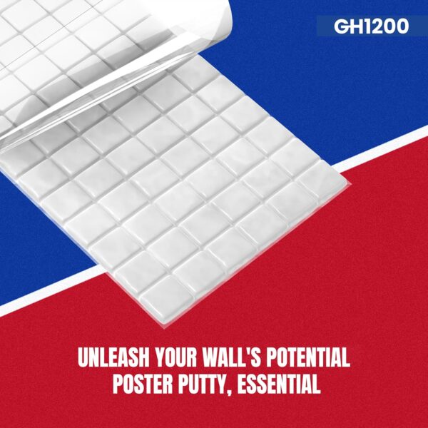 Close-up of white sticky putty being peeled and applied on surface with bold caption promoting artistic wall adhesion